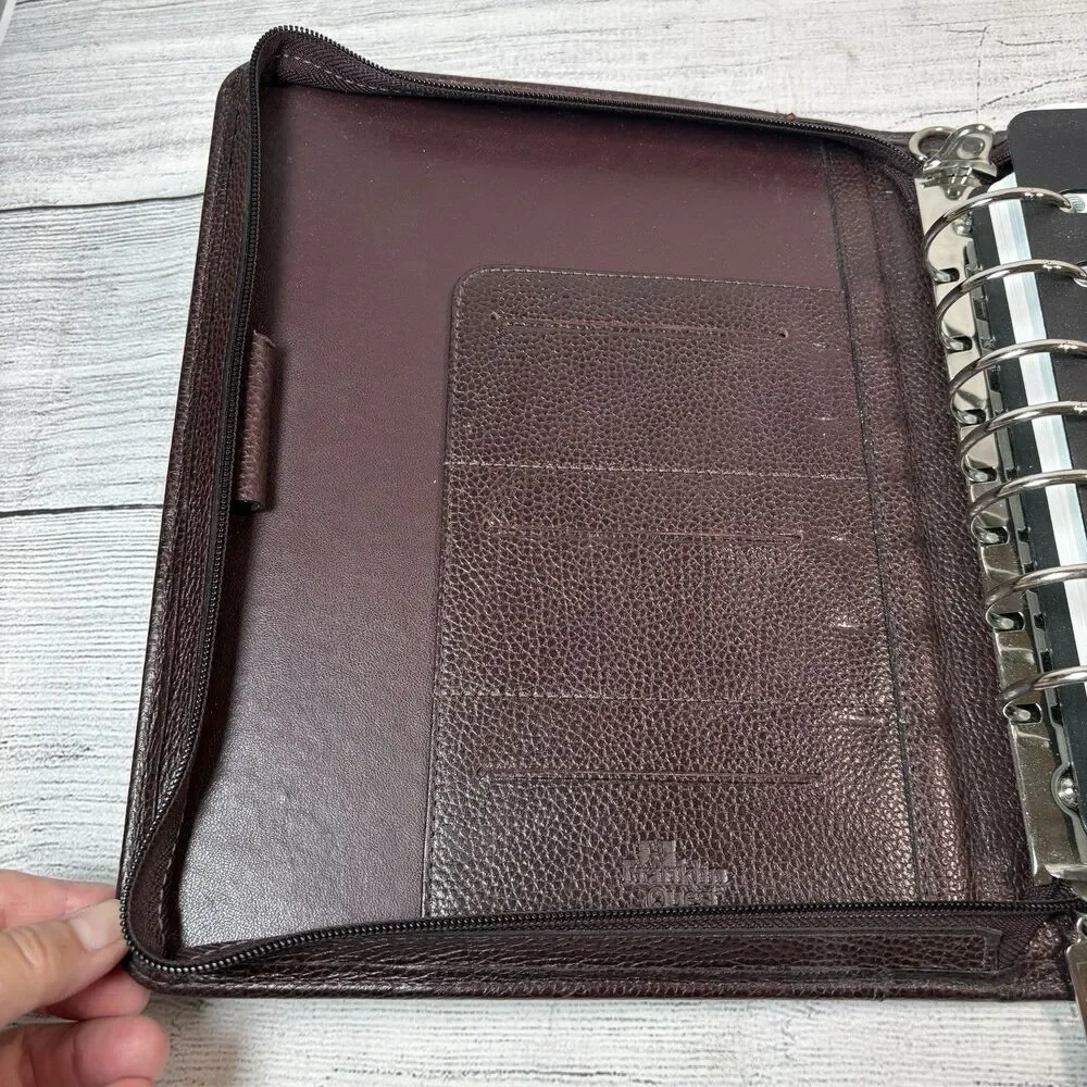 Vintage Franklin Covey Quest Brown Top Grain Leather 7 Ring Zip Planner USA
